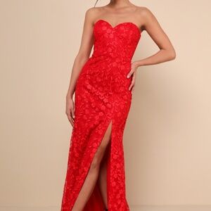 Lulus Romantic Beauty Red Floral Embroidered Strapless Maxi Dress - Size M